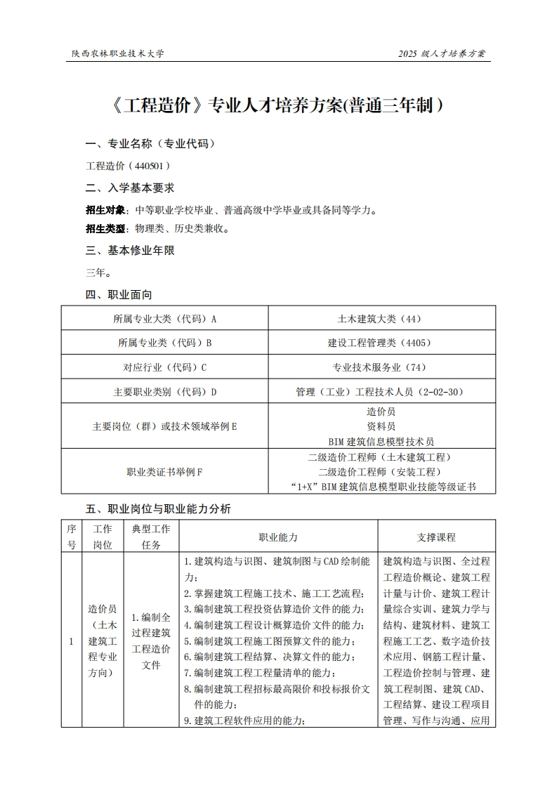 林职业技术大学2025级人才培养方案工程造价专业人才培养方案(普通三年制)