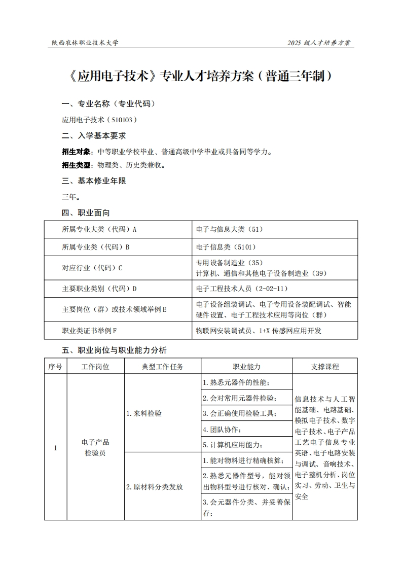 林职业技术大学2025级人才培养方案应用电子技术专业人才培养方案(普通三年制)