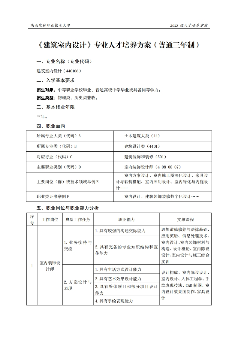 林职业技术大学2025级人才培养方案建筑室内设计专业人才培养方案(普通三年制)