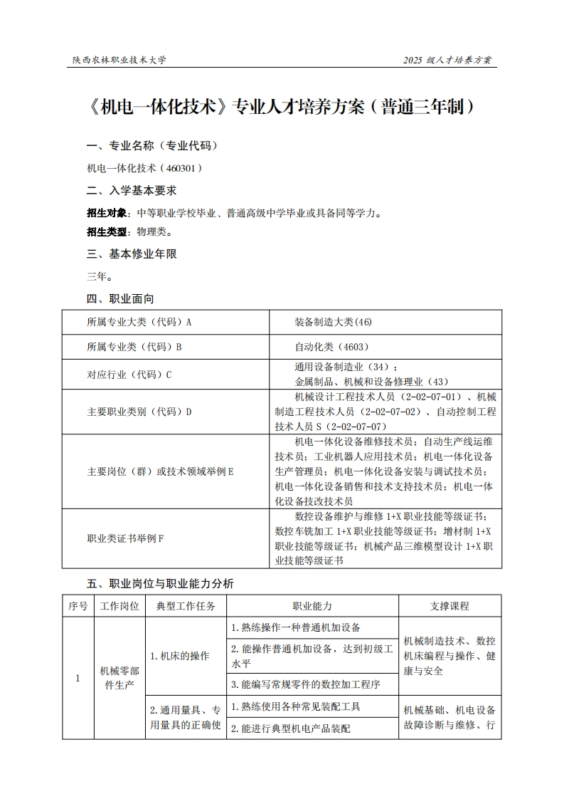 林职业技术大学2025级人才培养方案机电一体化技术专业人才培养方案(普通三年制)