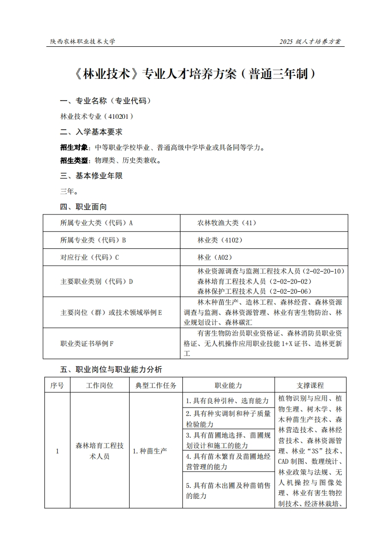 林职业技术大学2025级人才培养方案林业技术专业人才培养方案(普通三年制)