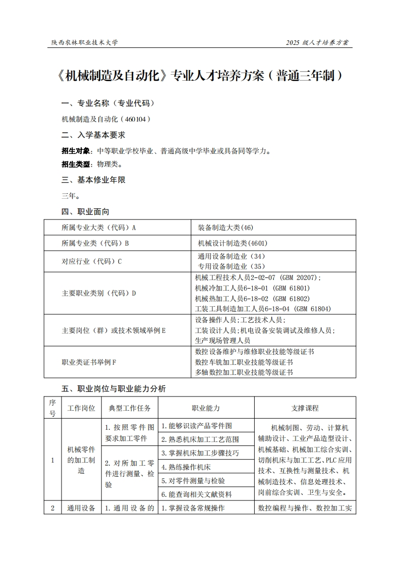 林职业技术大学2025级人才培养方案械制造及自动化专业人才培养方案(普通三年制)