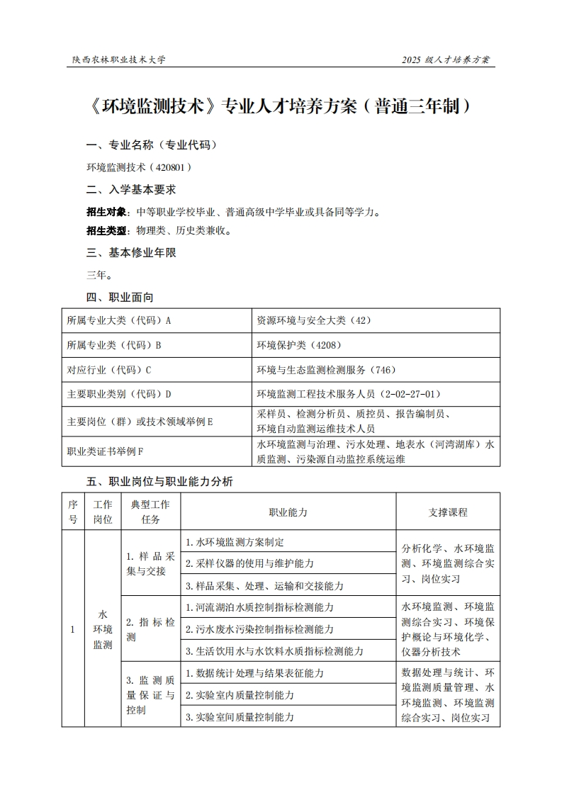 林职业技术大学2025级人才培养方案环境监测技术专业人才培养方案(普通三年制)