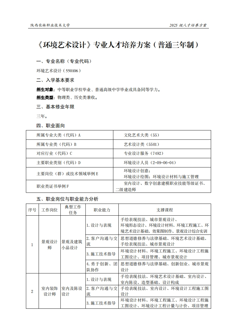 林职业技术大学2025级人才培养方案环境艺术设计专业人才培养方案(普通三年制)