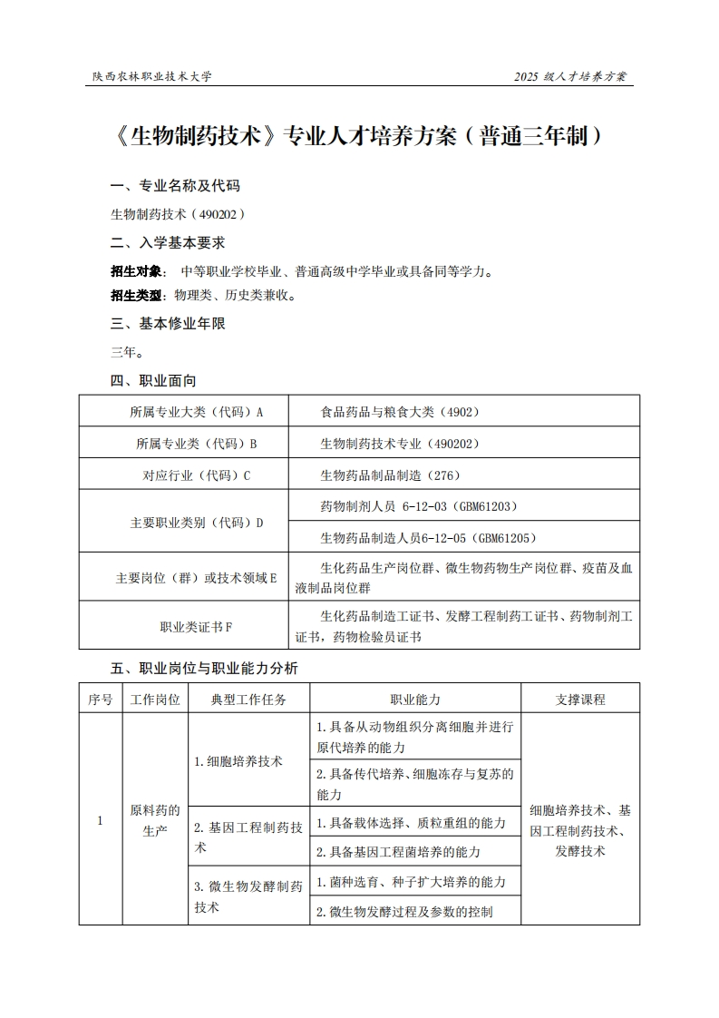 林职业技术大学2025级人才培养方案生物制药技术专业人才培养方案(普通三年制)