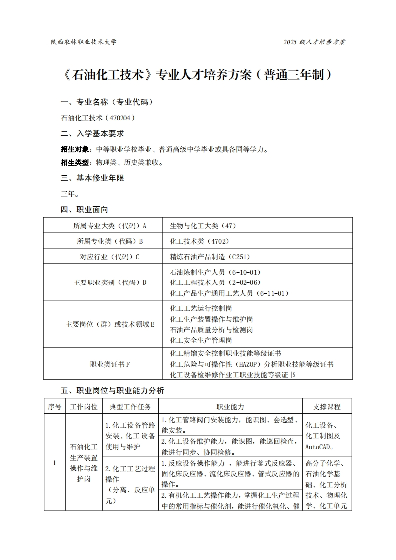 林职业技术大学2025级人才培养方案石油化工技术专业人才培养方案(普通三年制)