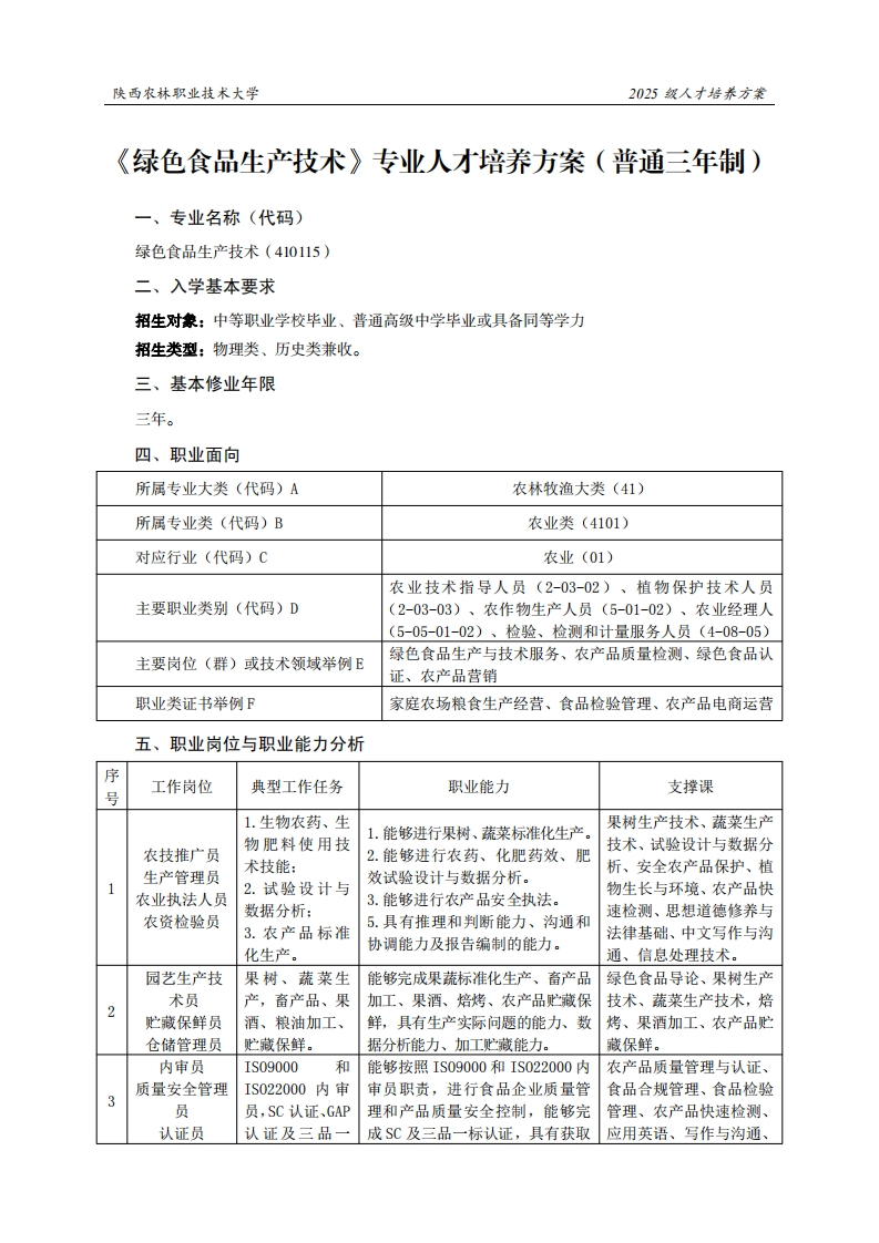 林职业技术大学2025级人才培养方案色食品生产技术专业人才培养方案(普通三年制)