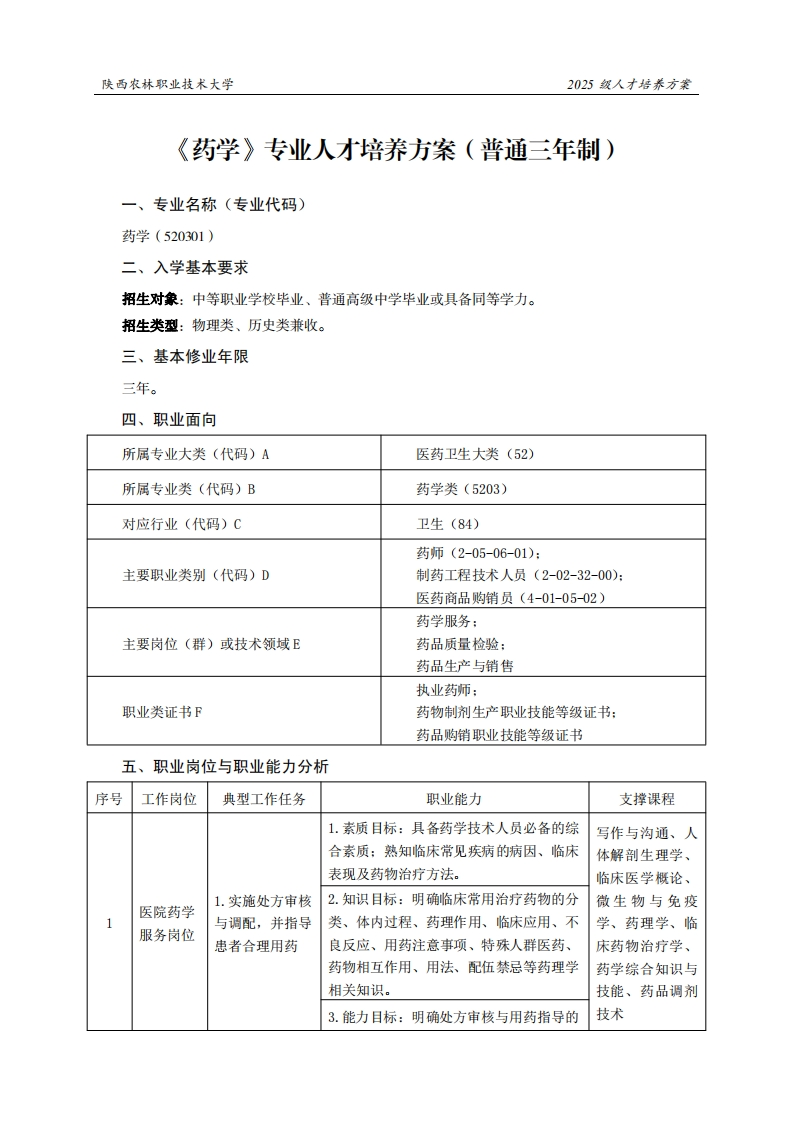 林职业技术大学2025级人才培养方案药学专业人才培养方案(普通三年制)