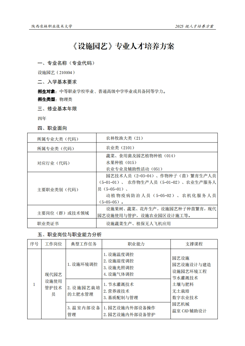 林职业技术大学2025级人才培养方案设施园艺专业人才培养方案