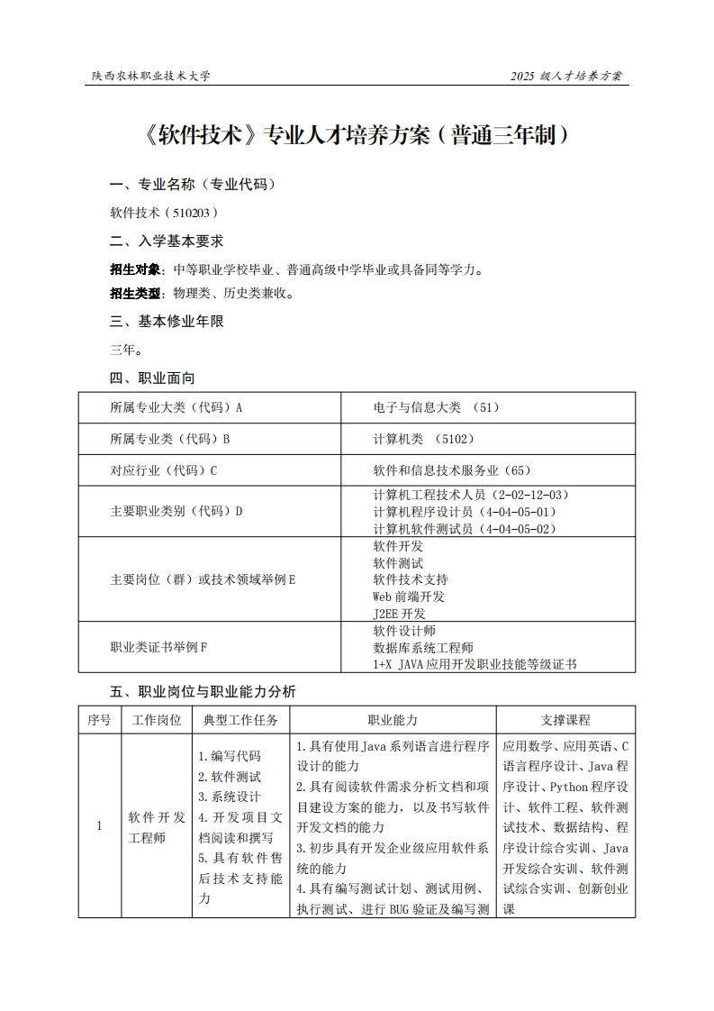 林职业技术大学2025级人才培养方案软件技术专业人才培养方案(普通三年制)