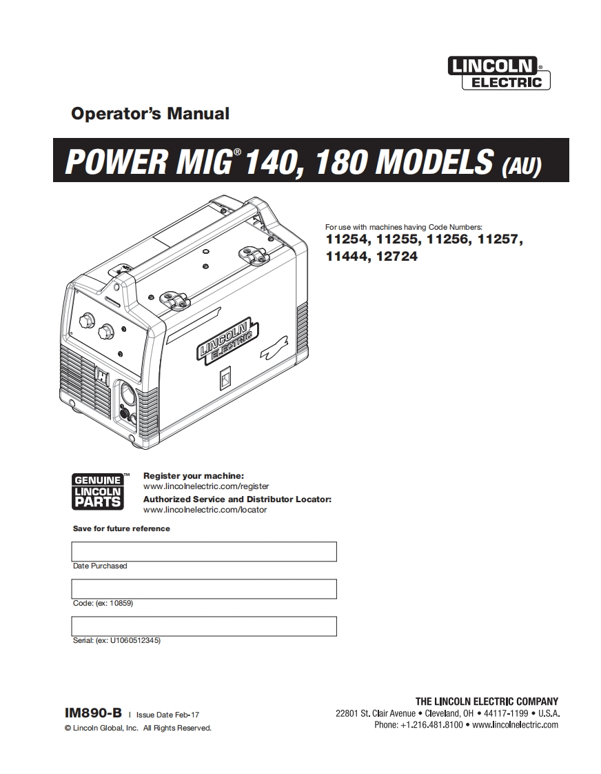 林肯焊机POWER-MIG-140-180操作与维护手册