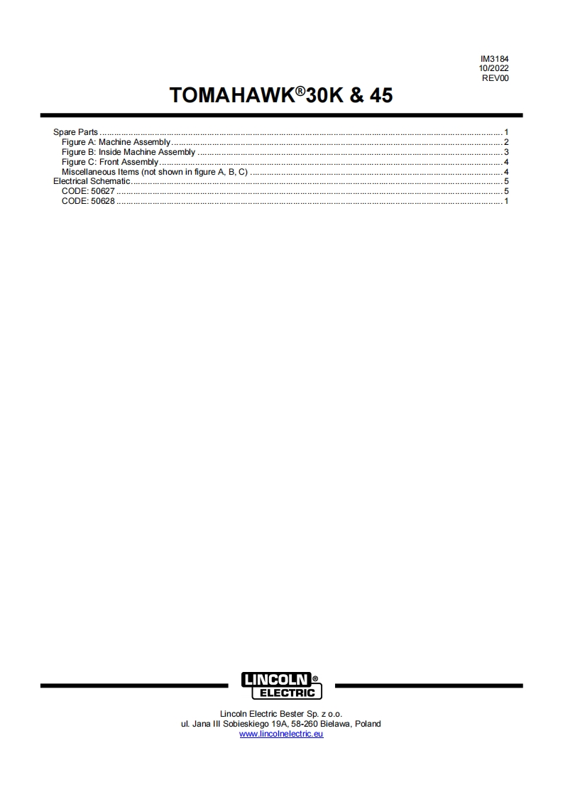 林肯电焊机LINCOLN-TOMAHAWK-30K-45-Spare-Parts-List使用说明书手册含电器原理图