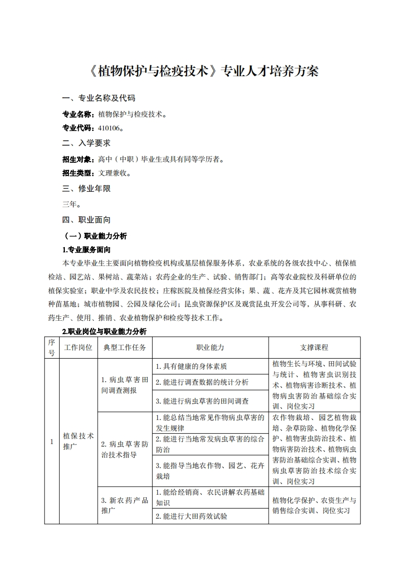 植物保护与检疫技术专业人才培养方案夕税飞代石