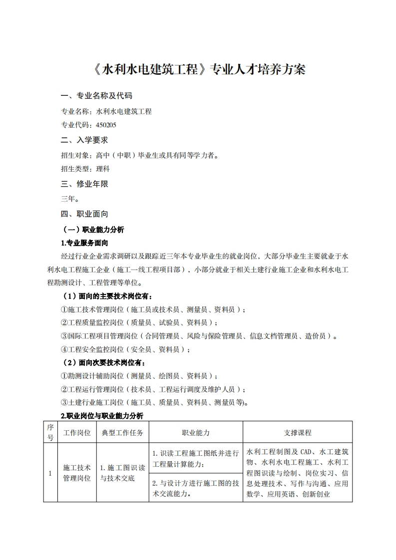 水利水电建筑工程专业人才培养方案儿夕税飞小石
