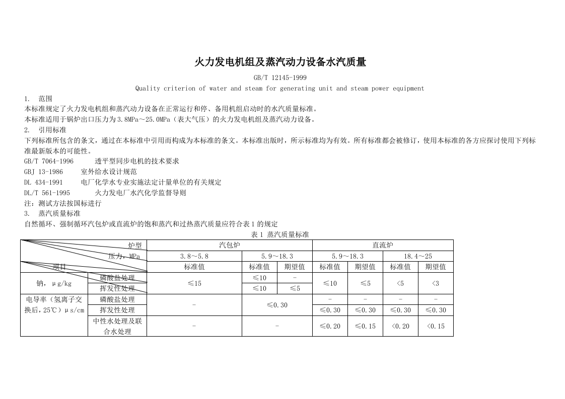 水汽锅炉质量标准GBT12145-1999