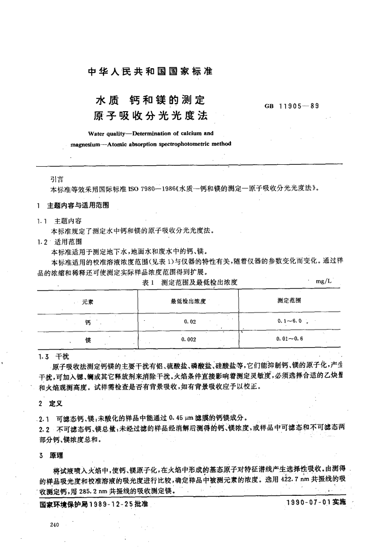 水质-钙和镁的测定-原子吸收分光光度法-（GB-11905-89）