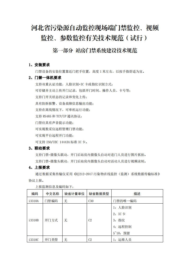 河北省污染源自动监控现场端门禁监控、视频监控、参数监控有关技术规范（试行