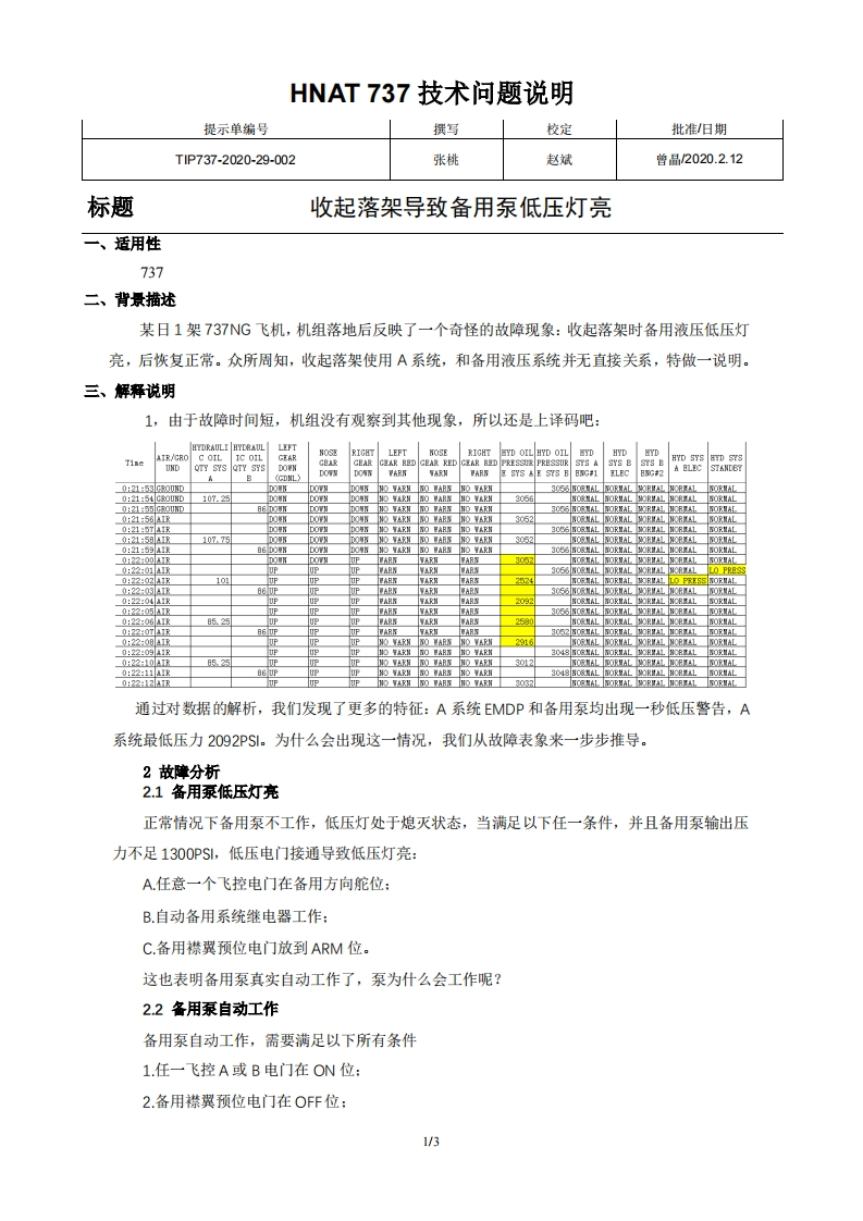 波音737飞机收起落架导致备用泵低压灯亮
