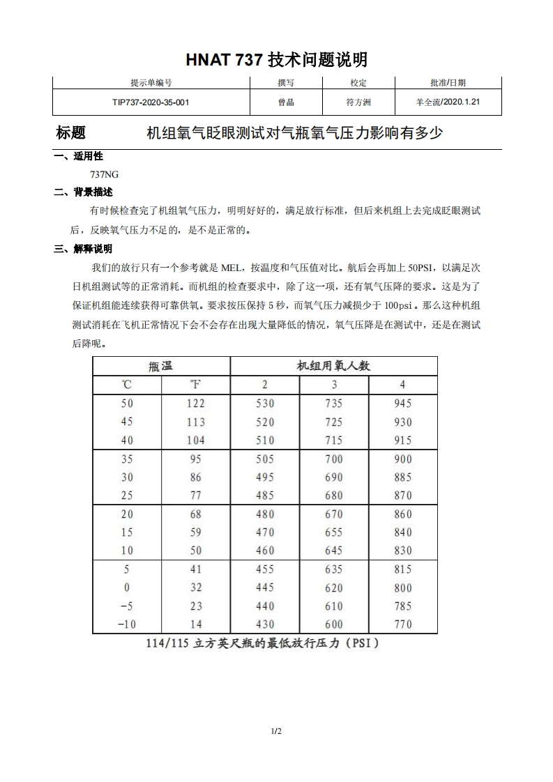 波音737飞机机组氧气眨眼测试对气瓶氧气压力影响有多少