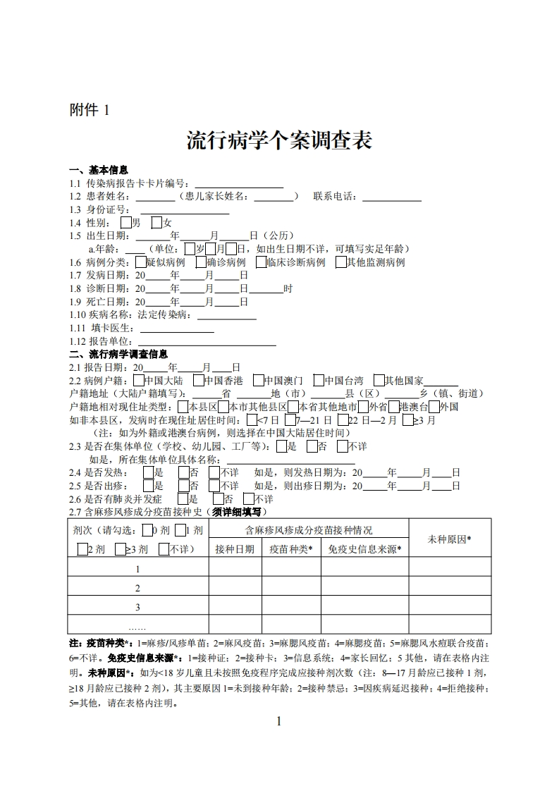 流行病学个案调查表