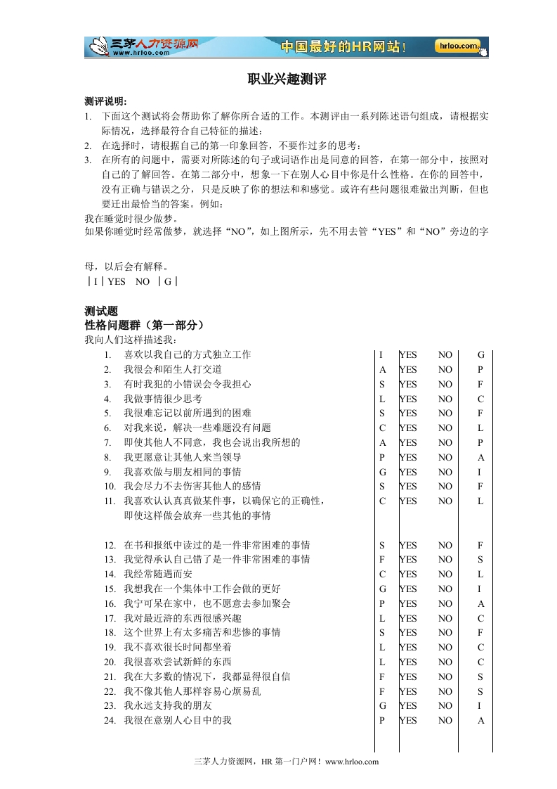 测评试题-职业兴趣测评