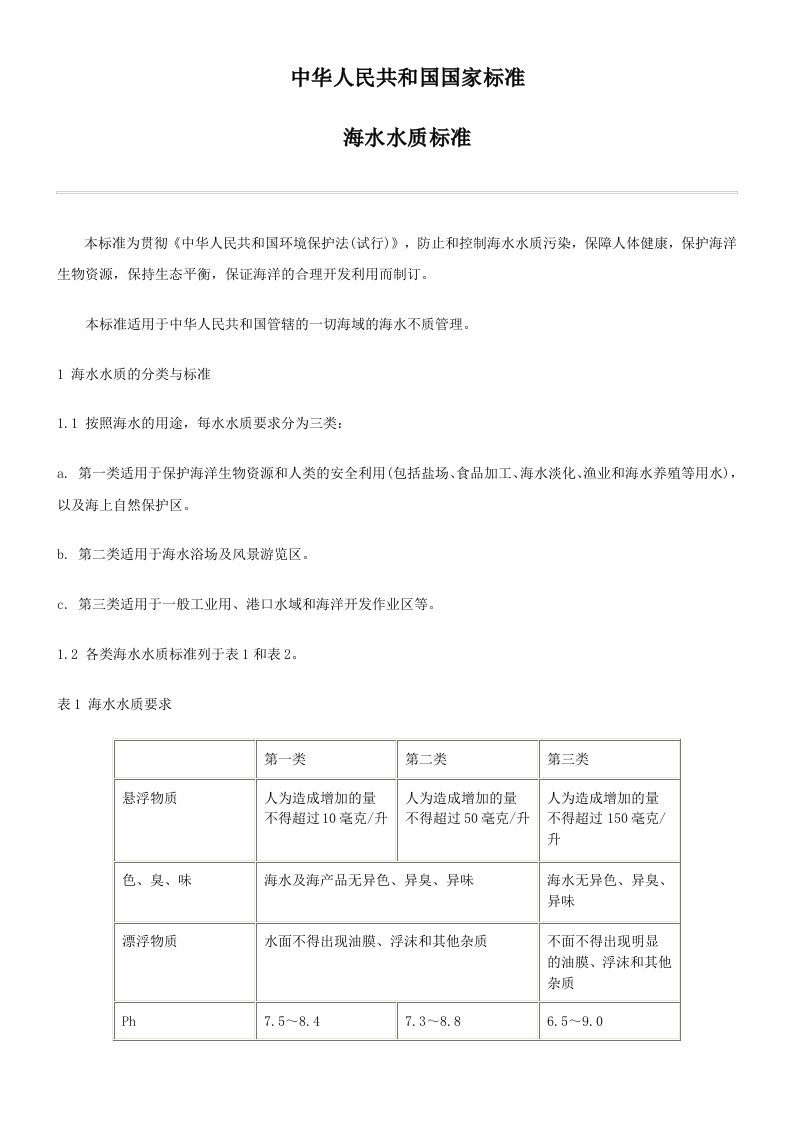 海水水质标准