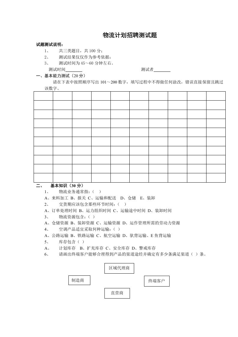 物流计划招聘测试题(题目）