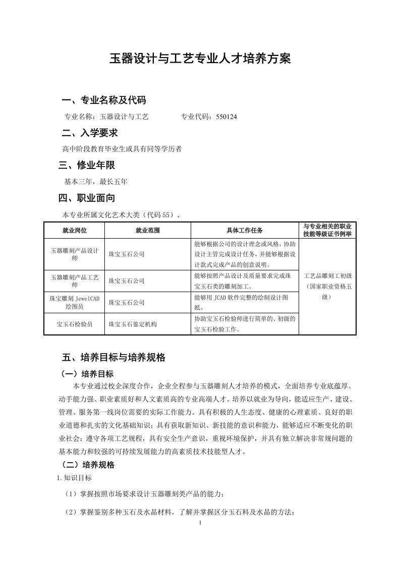 玉器设计与工艺人才培养方案