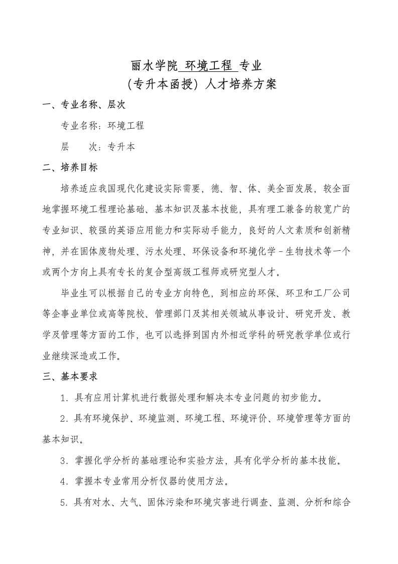 环境工程专业（专升本函授）人才培养大纲（成教）2018版