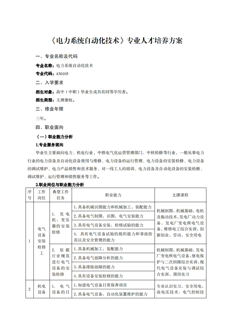 电力系统白动化技术专业人才培养方案U夕我飞从石