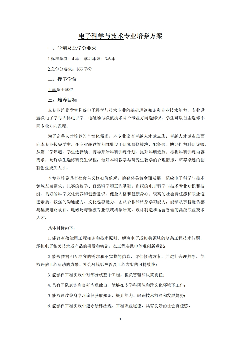 电子科学与技术专业培养方案