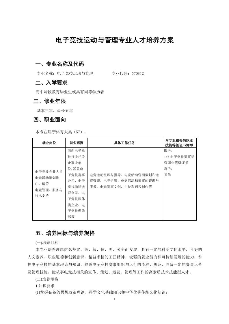 电子竞技运动与管理专业人才培养方案202209
