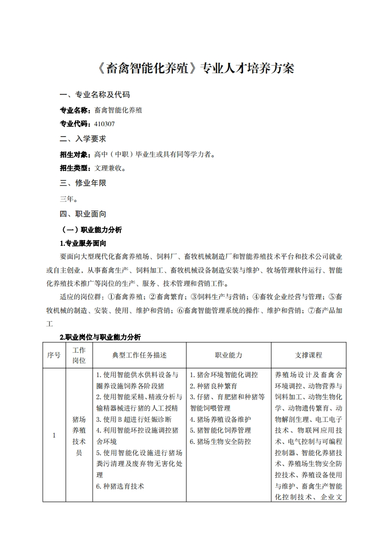 畜禽智能化养殖专业人才培养方案U夕及小石