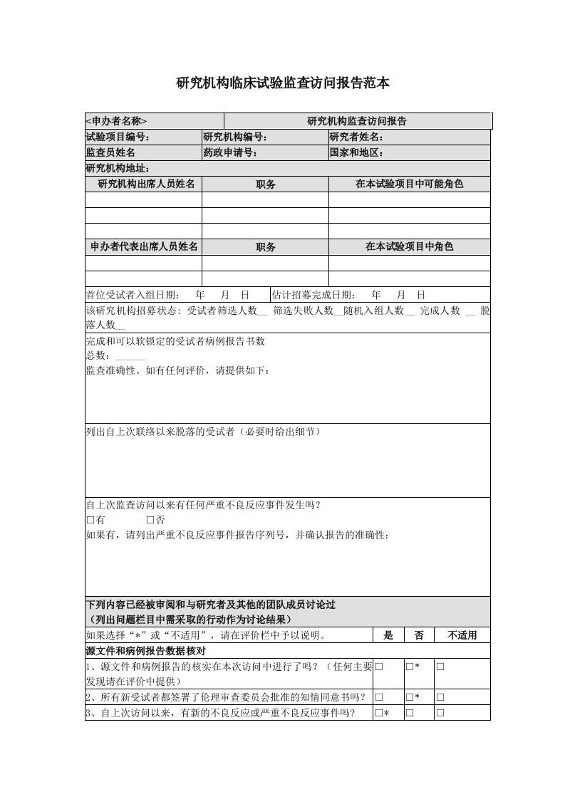 研究机构临床试验监查访问报告范本
