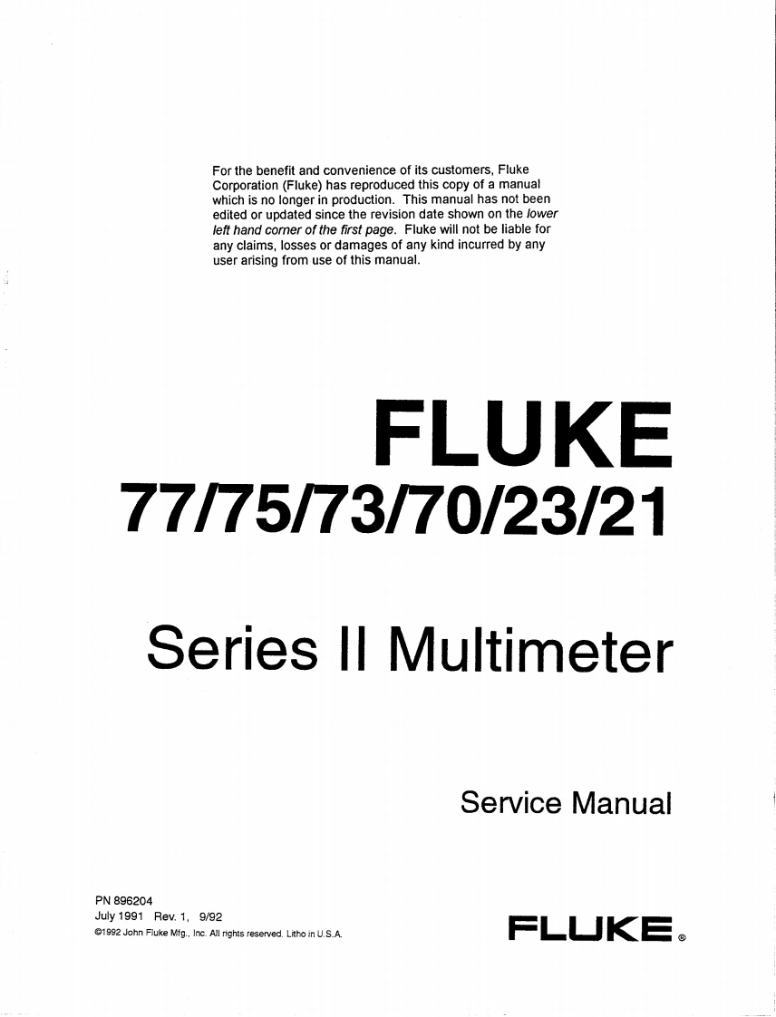 福禄克FLUKE77-75-73-70-23-21SeriesIIService维修操作图纸手册