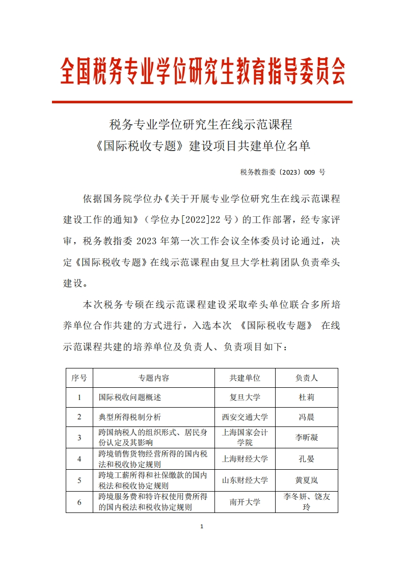税务专业学位研究生在线示范课程《国际税收专题》建设项目共建单位名单（加章）