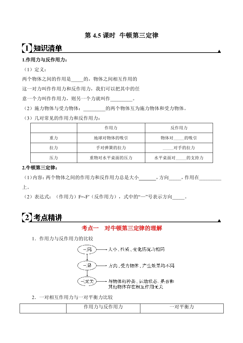 第4.5课时牛顿第三定律（原卷版）