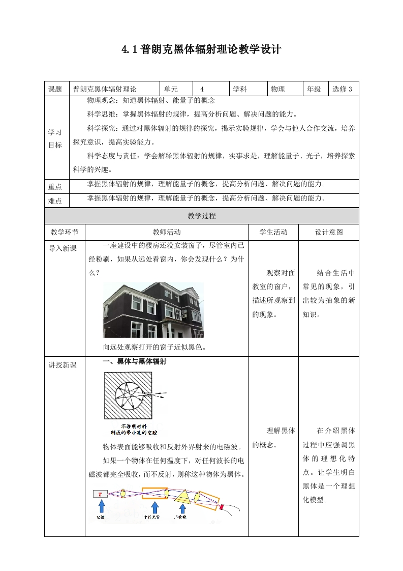 第4章第1节普朗克黑体辐射理论教学设计