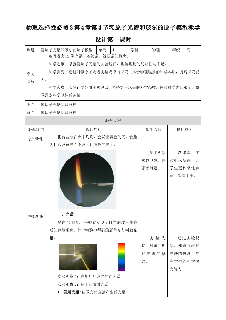 第4章第4节氢原子光谱和玻尔的原子模型教学设计第一课时