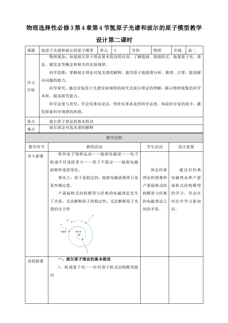 第4章第4节氢原子光谱和玻尔的原子模型教学设计第二课时