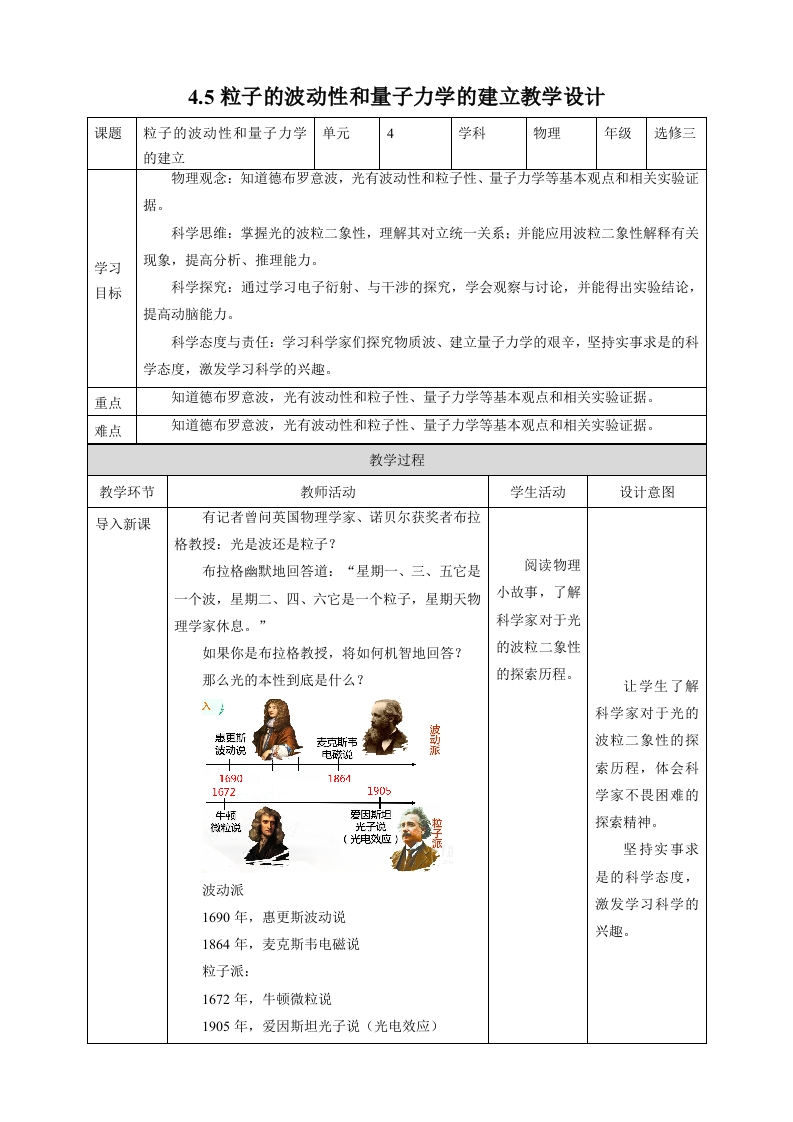 第4章第5节粒子的波动性和量子力学的建立教学设计
