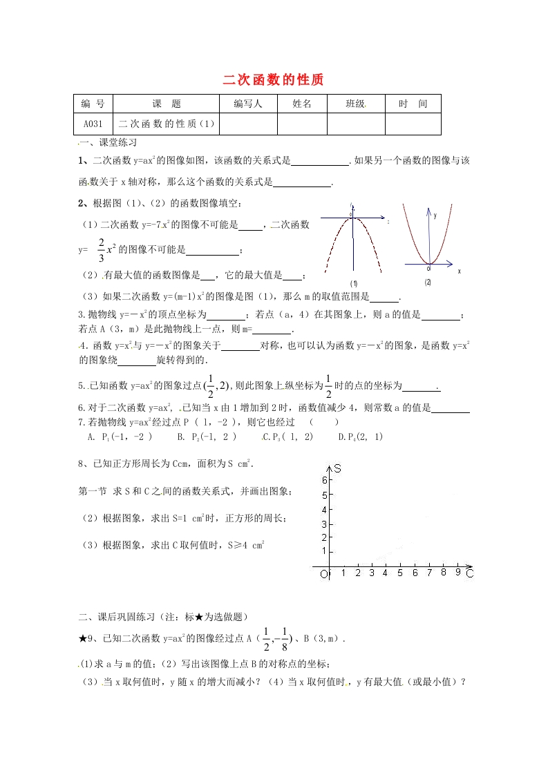 第5章《二次函数》二次函数的性质课堂练习1（无答案）（新版）人教版