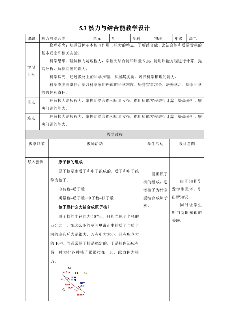 第5章第3节核力与结合能教学设计