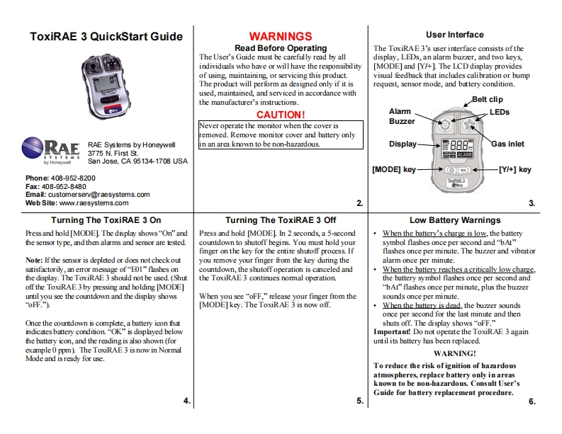 简明操作说明书手册_ToxiRAE3_G01-4004-000_RevB