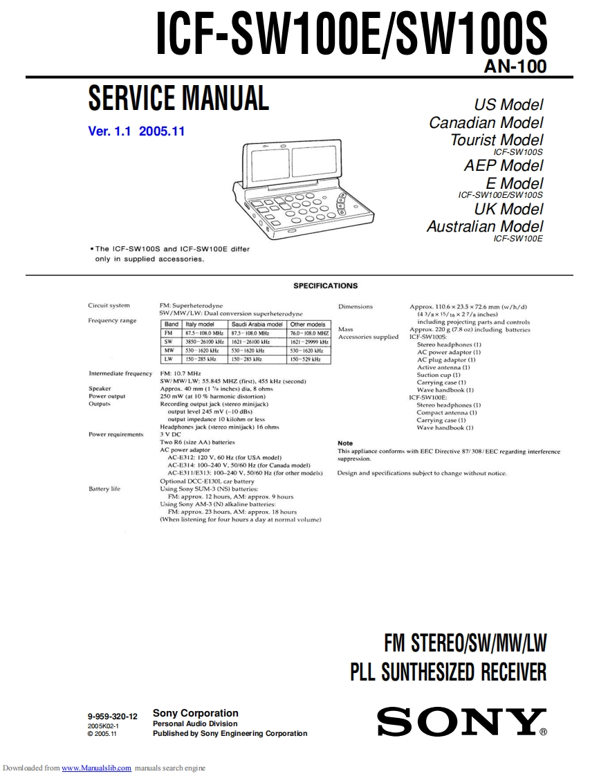 索尼Sony_ICF-SW100E_ServiceManual维修手册电器原理图