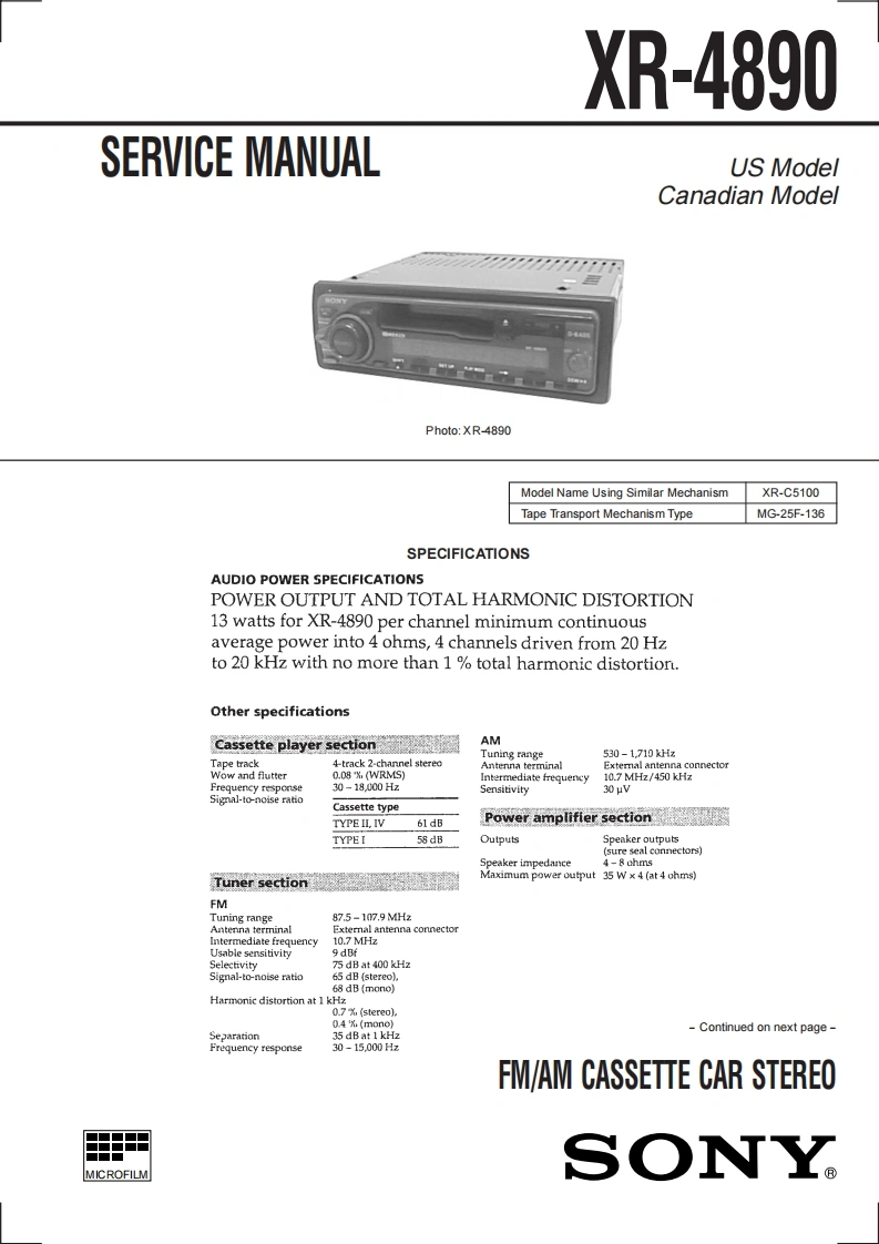 索尼XR-4890维修手册含电器原理图