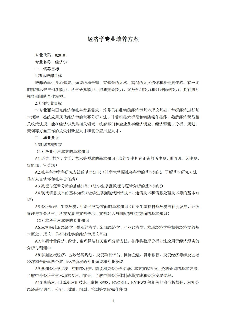 经济学专业培养方案