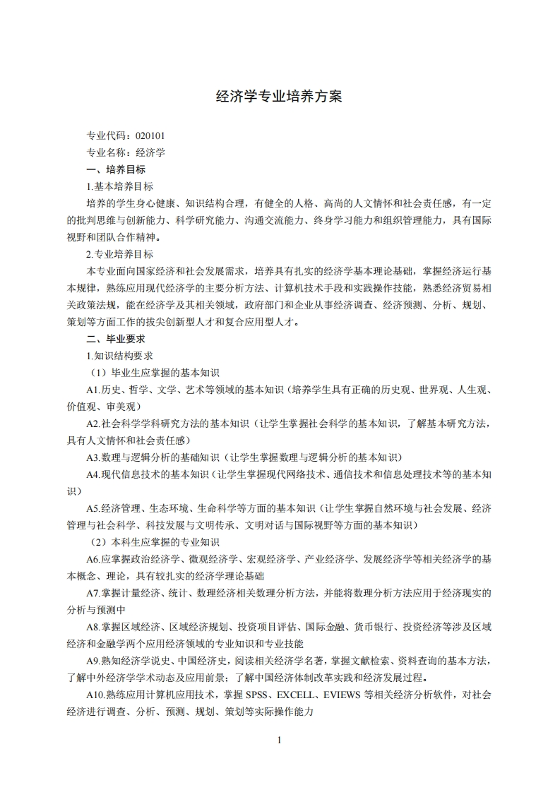 经济学科专业培育方案1