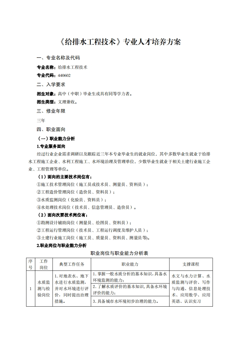 给排水工程技术专业人才培养方案业夕飞从石