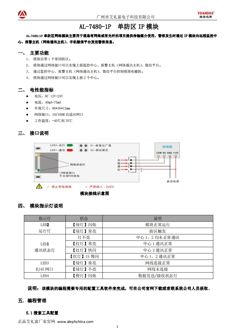 维安达斯-AL-7480-1P单防区IP网络模块说明书